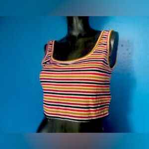 Express stripped crop top, black, pink, red, gold and white. In good condition